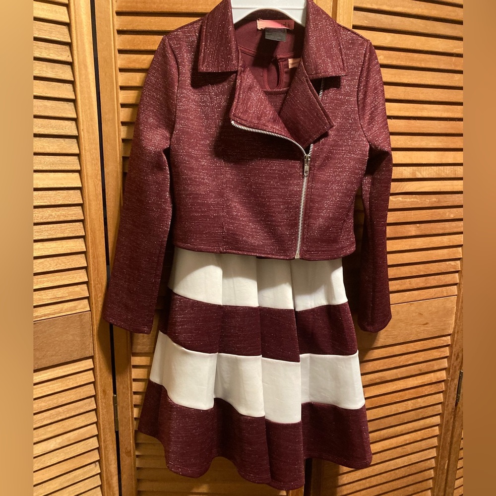 2 Hip Maroon Silver Threads & White Sleeveless Dress with Moto Crop Jacket